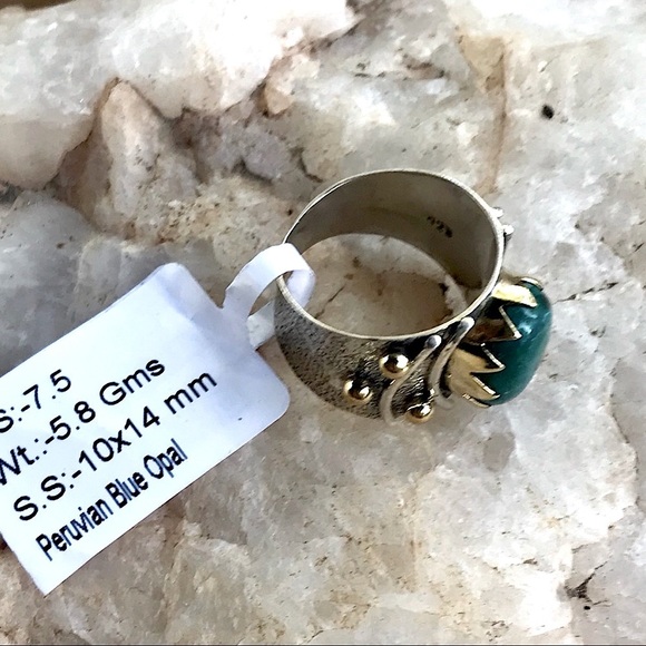 PERUVIAN OPAL two tone 925 sterling band 7.5 - Picture 3 of 7